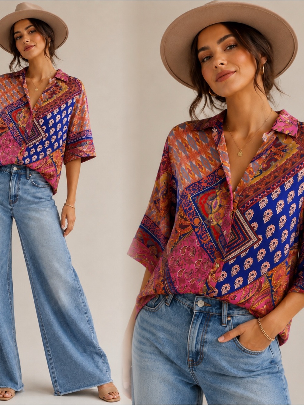 Cato Purple Multi Paisley Patchwork Button-Down Shirt